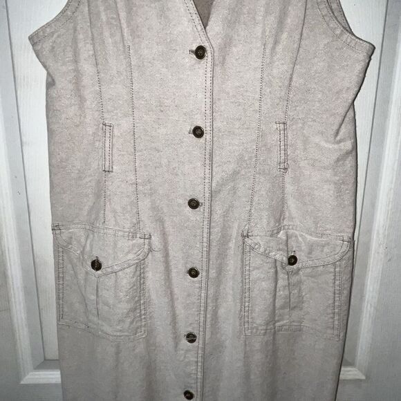 VTG MIDI Denim? Tank Dress Size 10 Tan Beige Button Down Cotton Made In USA 90s* - Picture 3 of 13
